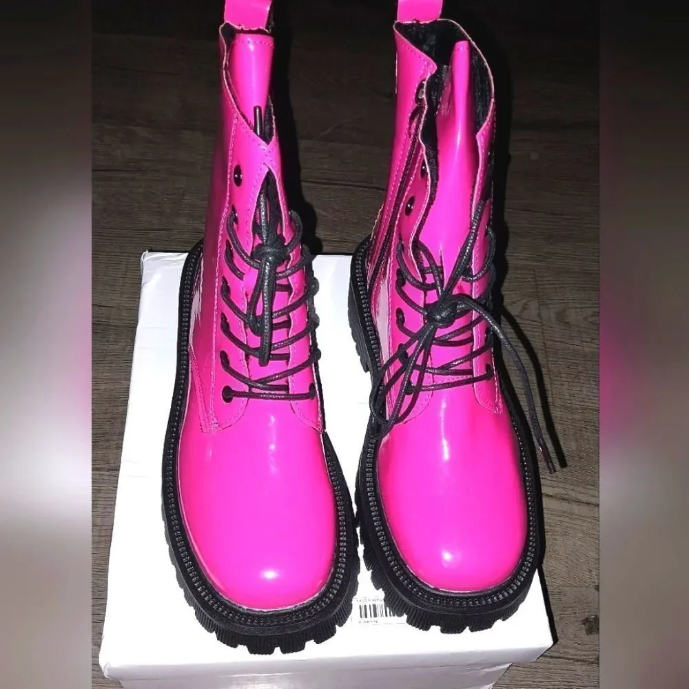 Ladies Neon Pink Combat Boots sz 8